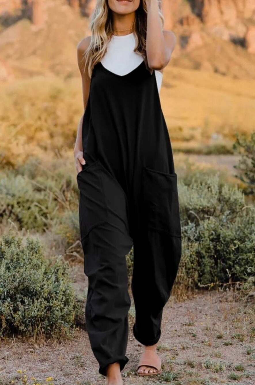 Double Take Black V-Neck Sleeveless Harem Jumpsuit with Pockets - Picture 2 of 4